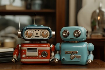 Vintage toy robots display personality and charm in a cozy indoor setting with wood accents and soft lighting