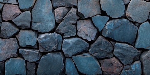 Fototapeta premium Rugged, textured stone wall with an intricate pattern of interlocking stones, capturing rustic charm and earthy tones.