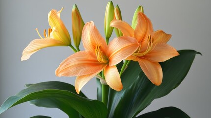 Fototapeta premium Orange lily flower with bright, curved petals and rich green leaves against a softly lit background