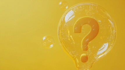 A bright yellow backdrop features a translucent speech bubble with a question mark, surrounded by shimmering bubbles. This artistic arrangement evokes thoughts of communication and curiosity