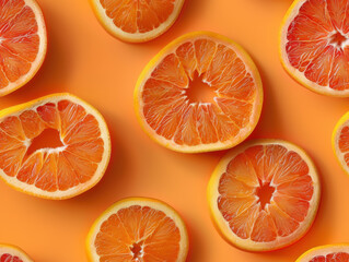 slices and shot from above, making a fun pattern on a fruit ,orange, lemon, pumpkin,corn,coffee bean,grape,papaya,strawberry background