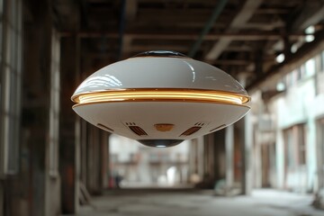 Hovering spacecraft design captured in an industrial setting during daylight hours