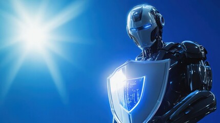 Futuristic robot with a radiant shield, representing digital innovation and data security against a bright blue background with copy space