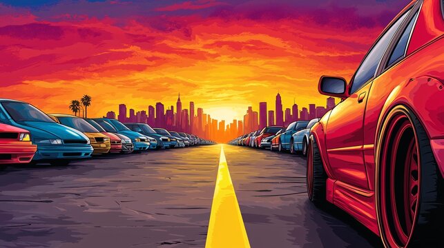 Sunset car cruise urban skyline digital artwork evening atmosphere wide angle vivid colors for enthusiasts