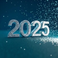 3D Sparkling 2025 with Silver Glitter, Teal Accents & Starry Night V8