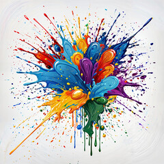 Fototapeta premium The image is a vibrant abstract painting with a splash of colorful paint, including blue, red, yellow, green, and purple, creating a dynamic and energetic visual effect against a white background.