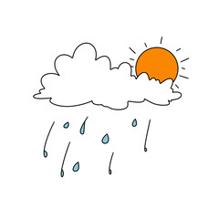 A cartoon drawing of a cloudy day with rain falling and a sun in the sky