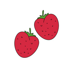 Two red strawberries with green stems