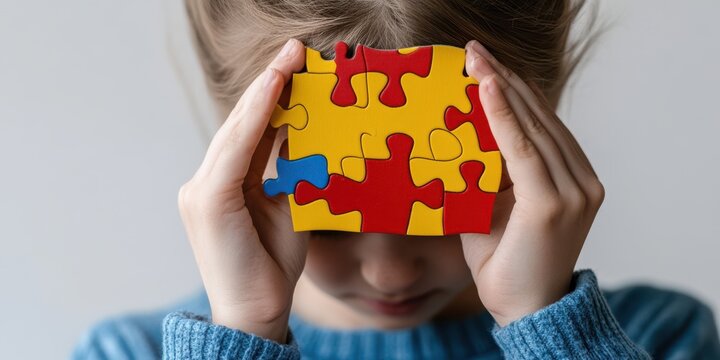 A young girl holds a colorful puzzle piece over her eyes, symbolizing innocence and the complexity of personal identity.
