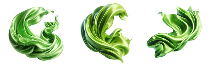 Light green silk cloth floating isolated on transparent background PNG, satin fabric flying
