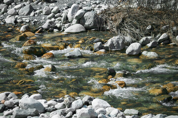 Clear rocky stream, Ala Archa river in national park, Kyrgyzstan