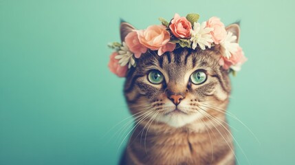 Cat wearing flower crown against teal background, portrait