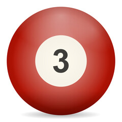 A close-up image of a red billiard ball with the number three on it.