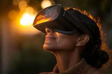 Woman experiences virtual reality at sunset, immersed in digital world during evening hours