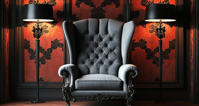 Luxurious Dark Gray Wingback Chair in Elegant Room with Black Floor Lamps