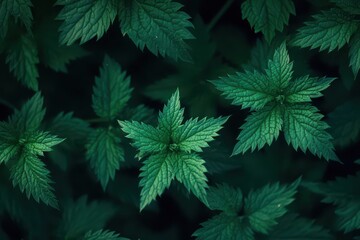 Close up of vibrant green nettle plant Background image of fresh nettle
