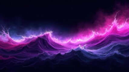 Pulsing electric waves. Bright violet and lime green neon waves over a deep black background. Intriguing 4K UHD graphic art maintaining clarity and zero noise