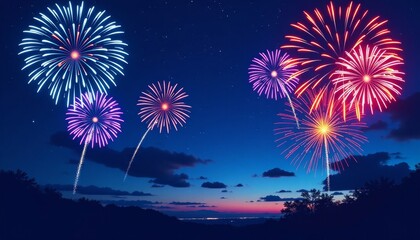 Multicolored fireworks against a dark sky with space for text