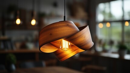 Here's a possible  and keyword list for your stock photo.. Modern wooden pendant light fixture with a unique knotted design, illuminates a warm interior.