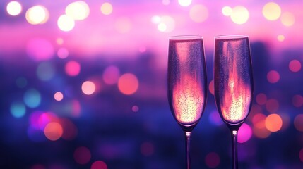 Champagne flutes sparkle festive city bokeh background