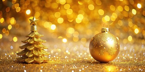 Golden Christmas tree toy ball with festive confetti on a yellow bokeh background , Christmas, tree, toy, ball, golden