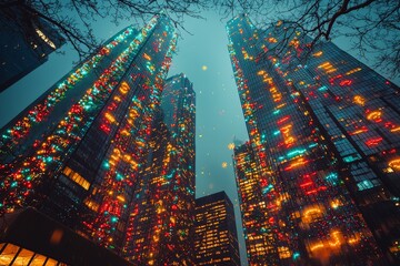 Skyscrapers with holiday lights that spell out festive messages. The buildings become giant greeting cards