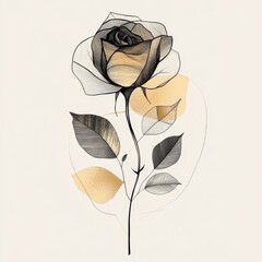 Minimalist rose with polygonal shapes in black and gold on textured beige background symbolizing elegance and modern design..Keywords: