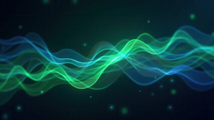 Pulsing electric waves. Vector art depicting luminous green and blue AI neural waves flowing seamlessly on a dark background. Smooth 4K UHD quality with no grain or noise