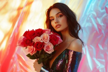 Sexy slim beautiful young woman in a stylish outfit holding a bouquet of roses, half-body portrait, vibrant indoor background, festive Mother's Day theme.
