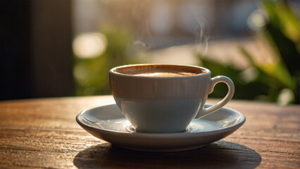 Obraz premium A cup of coffee on a wooden table with a saucer, spoon, and plate, showcasing a warm, inviting breakfast scene