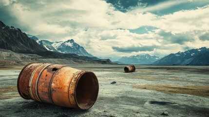 Rusted barrels resting on barren ground with a backdrop of towering mountains and cloudy skies, conveying themes of abandonment and pollution