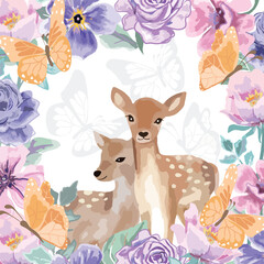 Watercolor a couple deer and butterfly in floral frame