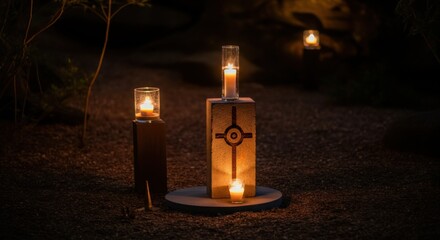 Illuminated candles surround stone marker at night in tranquil outdoor setting