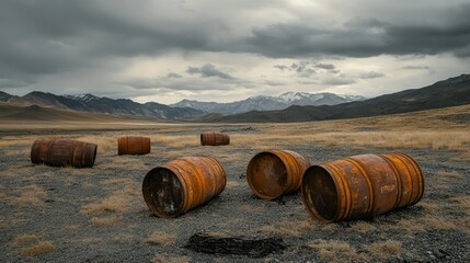 Obraz premium Rusted barrels scattered across a barren landscape, symbolizing environmental decay, with mountains and moody cloudy skies in the background