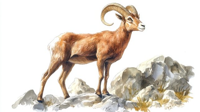 brown ram standing on rocks watercolor clip art preview
