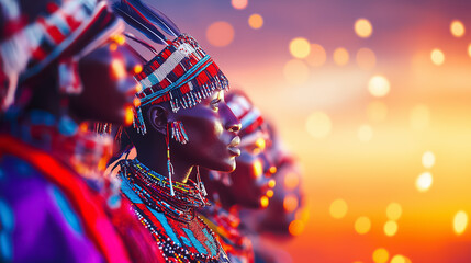 Maasai warriors engage in traditional love rituals while adorned in colorful attire during a stunning sunset