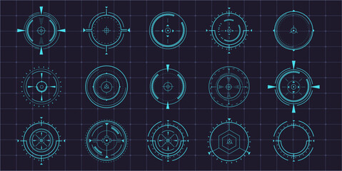 Hud aim pointer optical target, Futuristic focus range indicators, laser crosshair collimator sight. Measurement sniper for sniper gun. Game interface design ui element