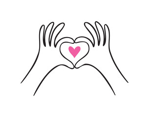 Obraz premium Hands and heart doodle hand drawn icon. Hand showing a heart outline cute love illustration 