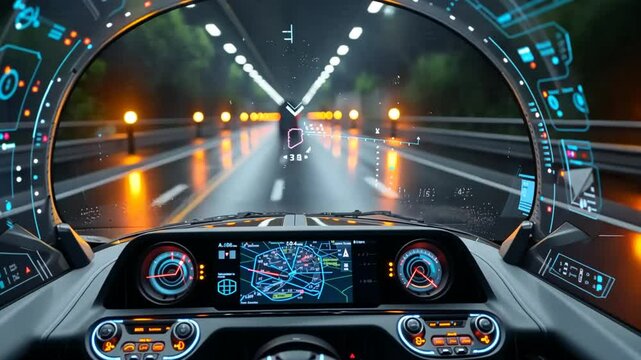 High-tech car dashboard displays driving data while cruising on a futuristic highway in the rain