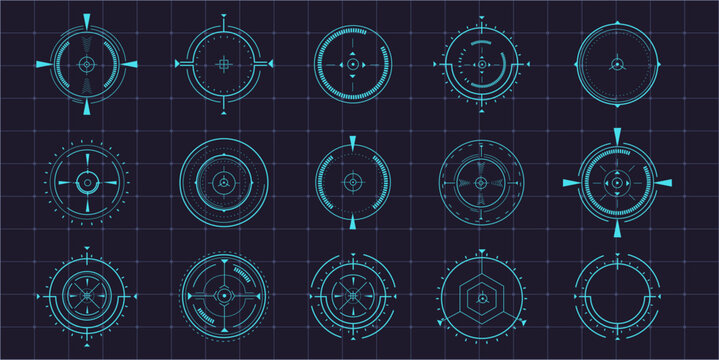 Hud aim pointer optical target, Futuristic focus range indicators, laser crosshair collimator sight. Measurement sniper for sniper gun. Game interface design ui element
