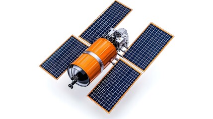 Orbital Satellite: A detailed 3D rendering of a communications satellite, showcasing its solar panels and cylindrical body against a clean backdrop. Perfect for technology, space exploration.