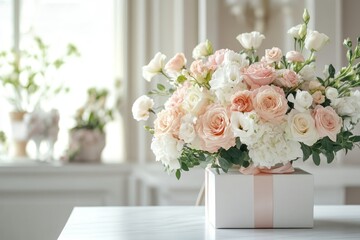 Elegant Mother's Day floral arrangement with a gift box, no person in frame, half-body shot of the table, pastel tones, bright and airy atmosphere. 