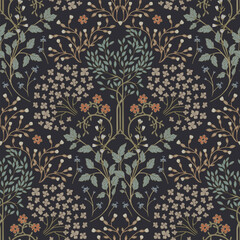 Dark seamless background. Ornamental pattern of stylized plants.