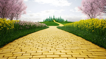 Enchanted yellow brick road leading to magical emerald city in springtime , fantasy, oz, magicians isolated on white background, space for captions, png. Enchanted. Illustration