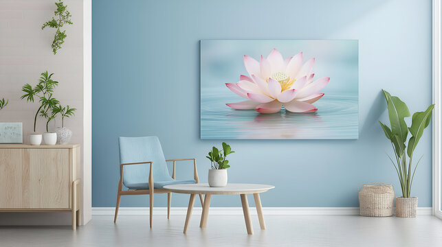 Minimalist abstract lotus flower floating on serene water, pale pink and light blue tones, calming and tranquil design, high definition background, mock up wallpaper