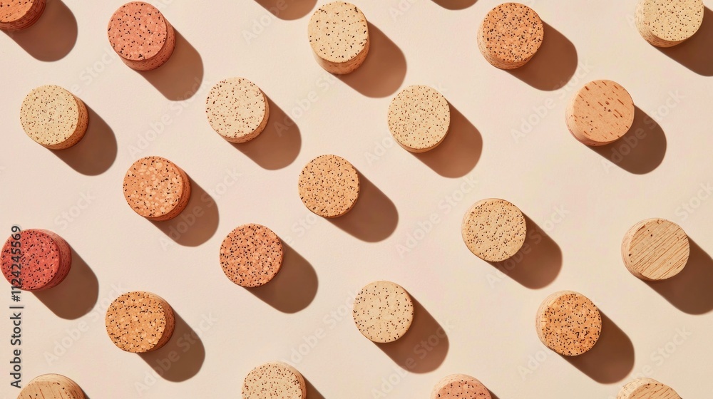 Aufkleber A captivating display of wine corks meticulously arranged to form a dynamic pattern. The warm hues of the corks create playful shadows on a soft, neutral background, evoking a sense of artistry