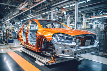 Vertical interior photo of car factory assembly line in auto manufacturing plant