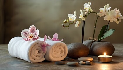Relaxing spa treatment with towels and flowers tranquil wellness space image of serenity natural elements close-up view mindfulness and relaxation concepts