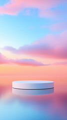 white podium floating on reflective surface under colorful sky