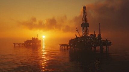 Obraz premium Two offshore oil rigs at sunset, silhouetted against a hazy orange sky and calm sea.